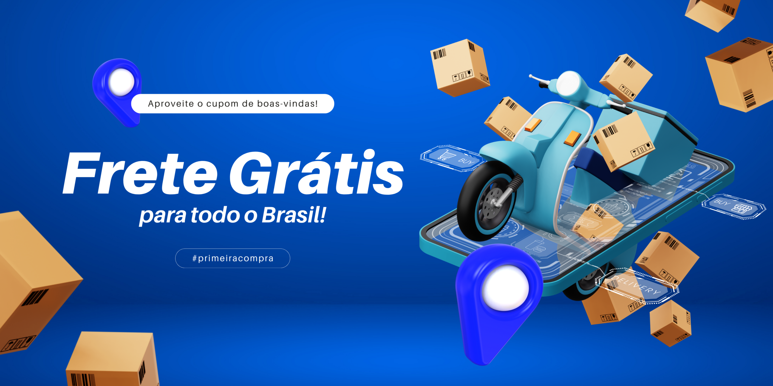 Banner azul promocional para divulgar cupom de boas-vindas