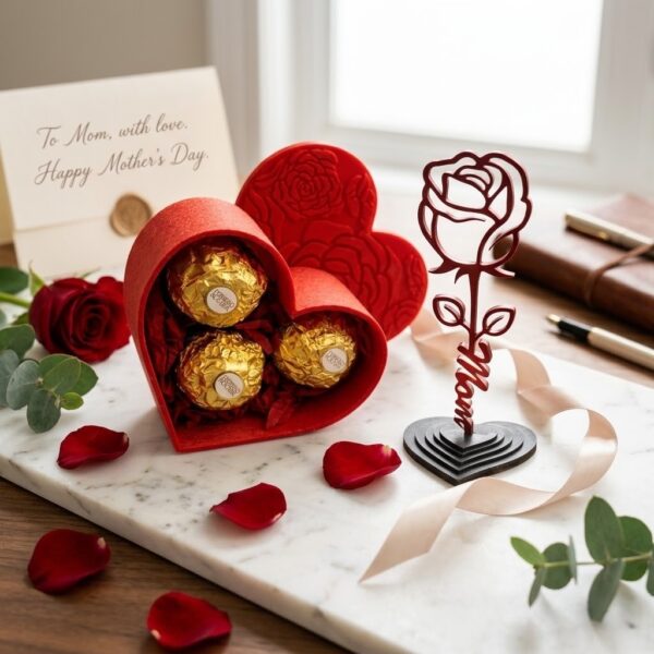 Kit Presente Luxo 3D - Rosa Com Base Coração + Caixa Para Bombom Ferrero Rocher - Dia das Mães e Namorados
