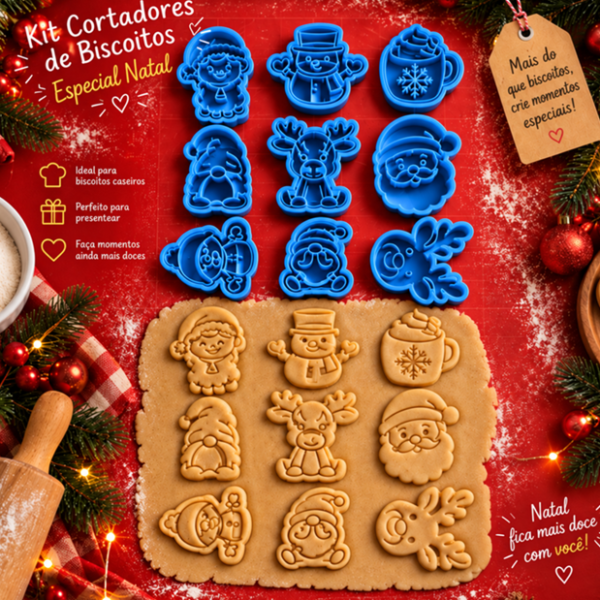 Kit 9 Cortadores de Biscoitos Natalinos 3D com Carimbo